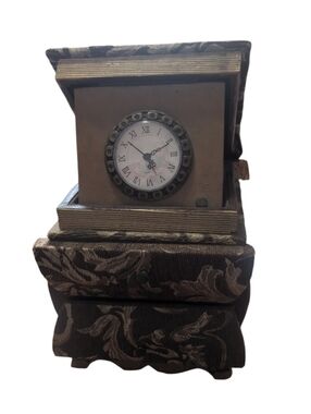 Vintage Rustic Wooden Jewelry Box with Quartz Clock – Ornate Decorative Trinket